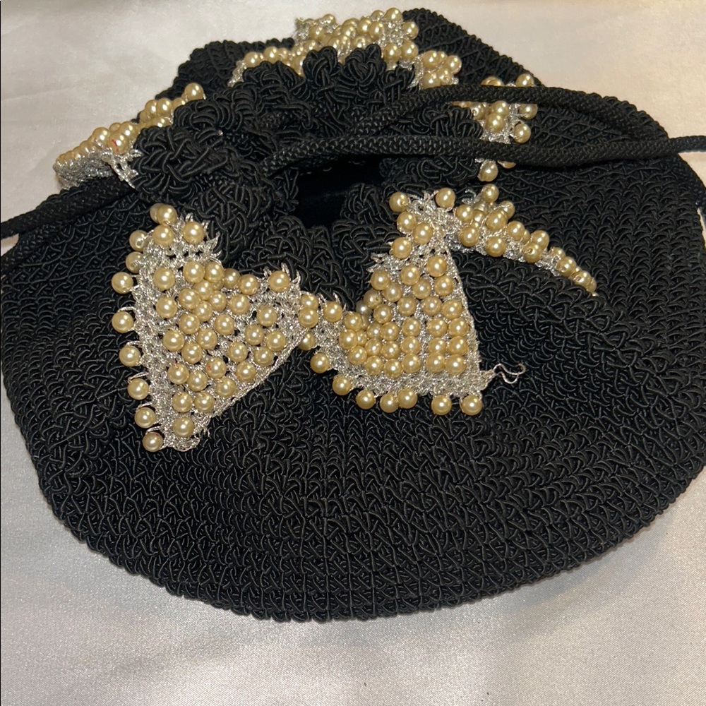 Vintage Black Beaded Handbag with Pearl Accents P0021GA {RY}